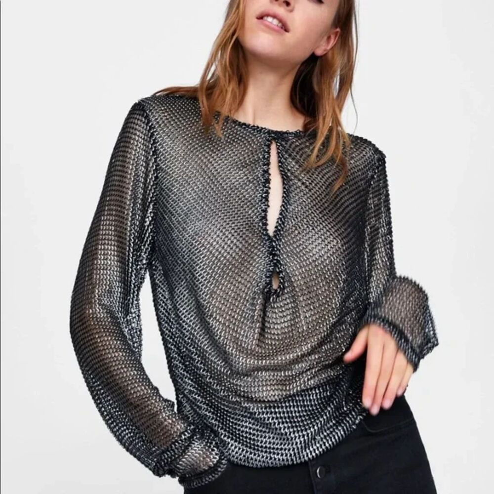 NWT ZARA METALLIC TEXTURED MESH KNIT LONG SLEEVE TOP